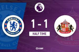 半場-切爾西暫1-1桑德蘭 加納喬收獲藍軍首球內(nèi)托送助攻