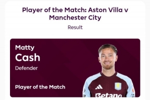 打進(jìn)制勝球，卡什當(dāng)選維拉vs曼城全場最佳球員